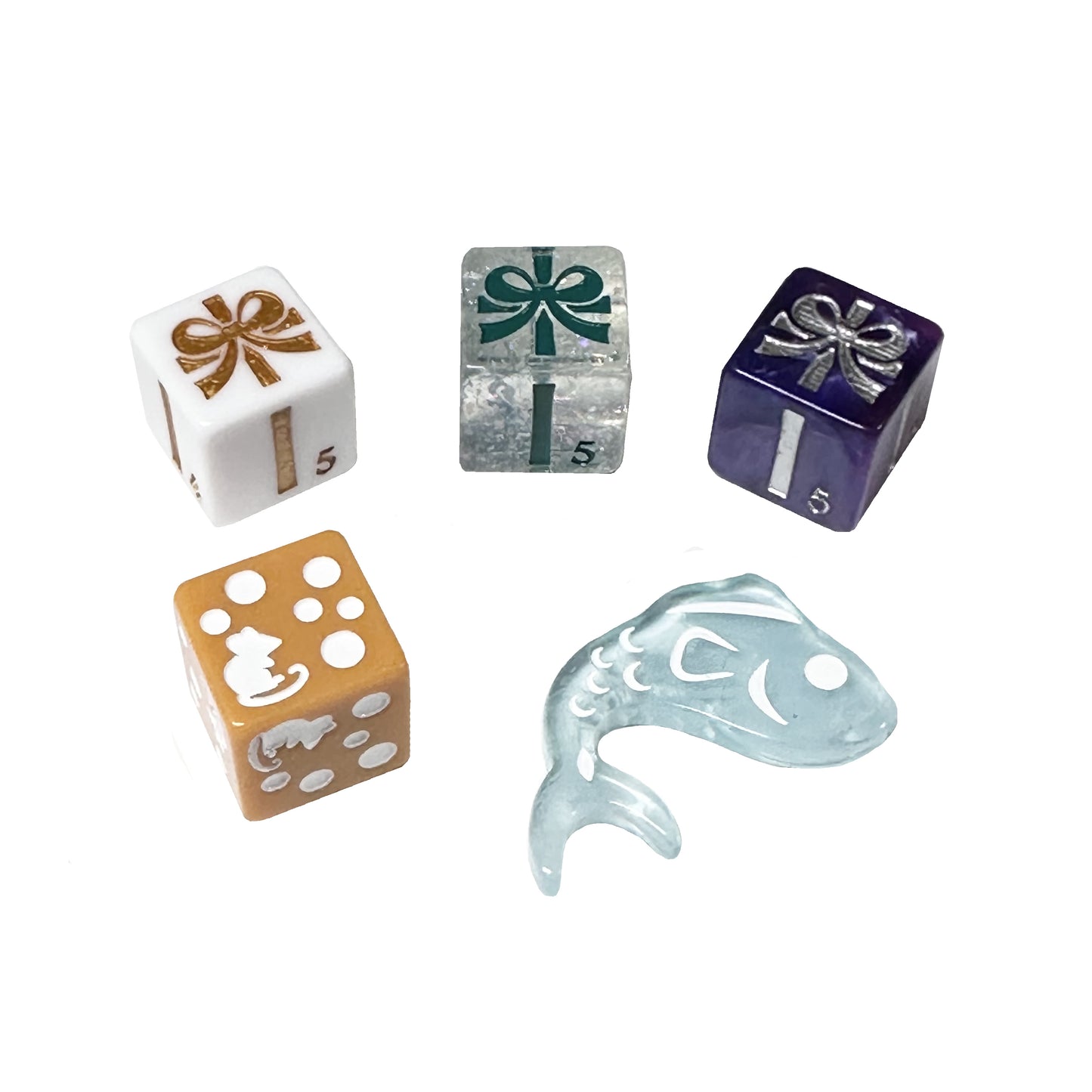 Advent-ure Calendar® 19: Kitty Clacks® Christmas - Present d6 (white w/gold ink), Present d6 (clear glitter w/green ink), Present d6 (purple swirl w/silver ink), Cheese d6 (orange w/white ink), Fishbones d2